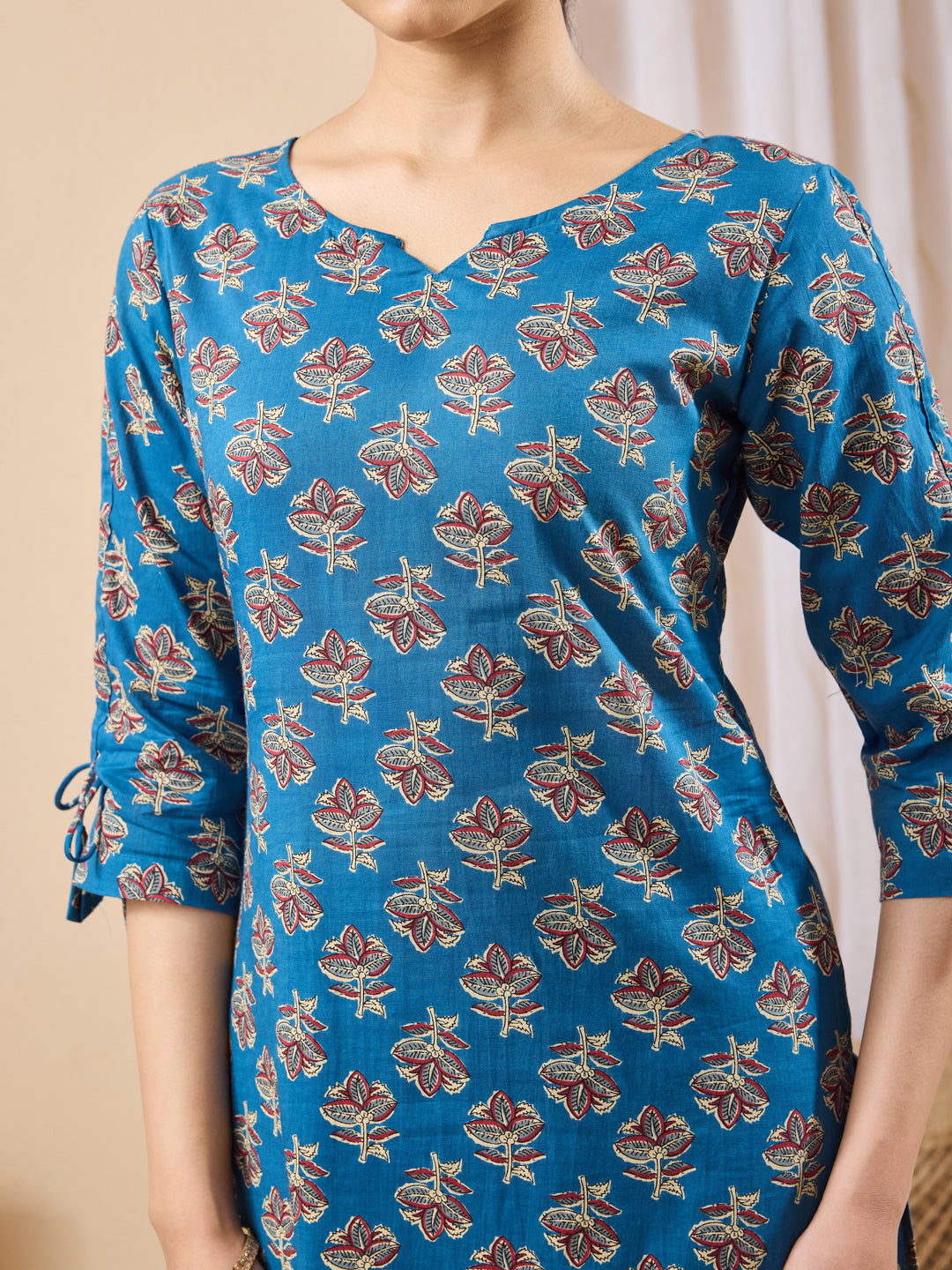 Janasya Women's Navy Blue Pure Cotton Floral Printed Straight Kurta