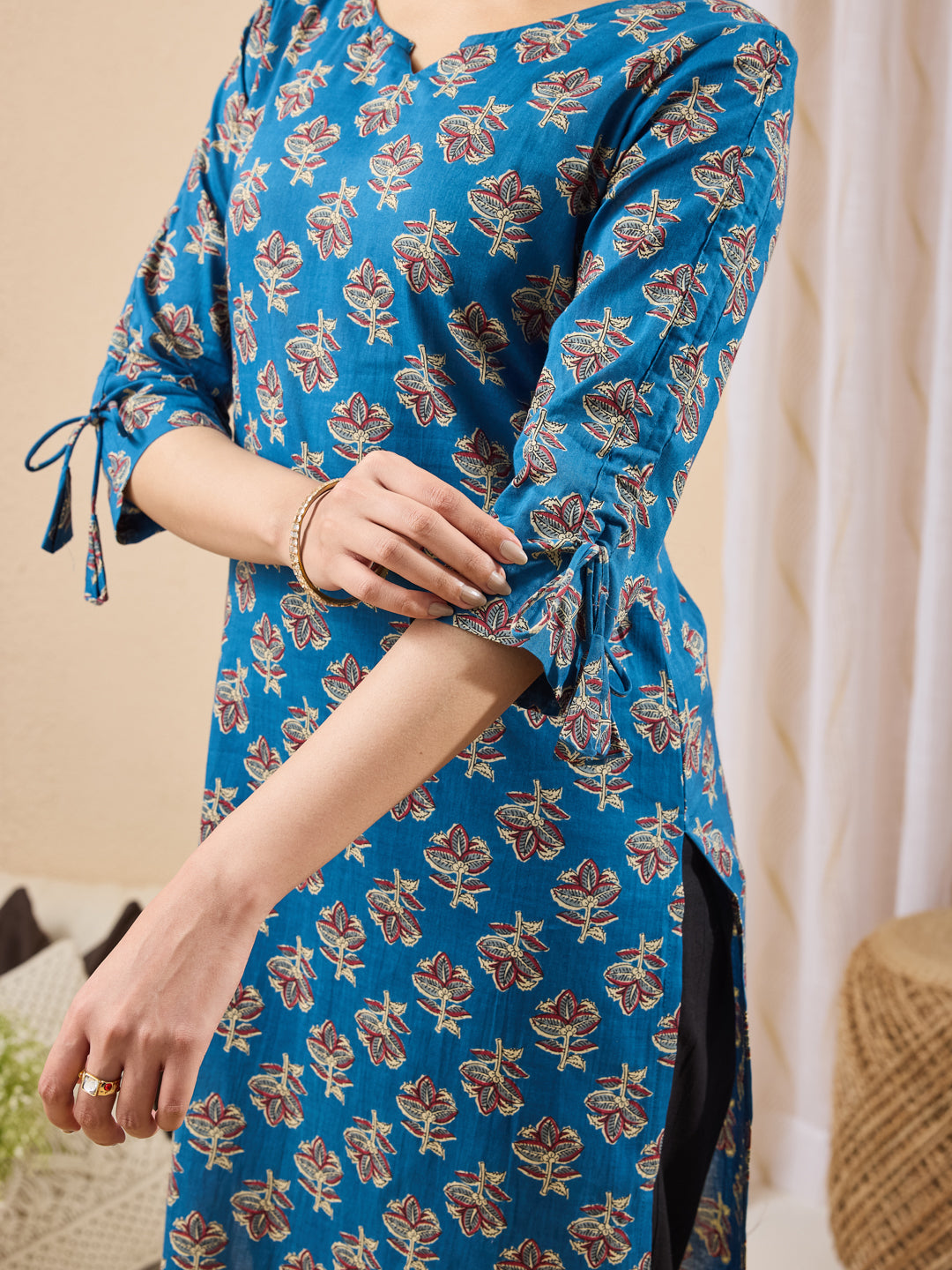 Janasya Women's Navy Blue Pure Cotton Floral Printed Straight Kurta