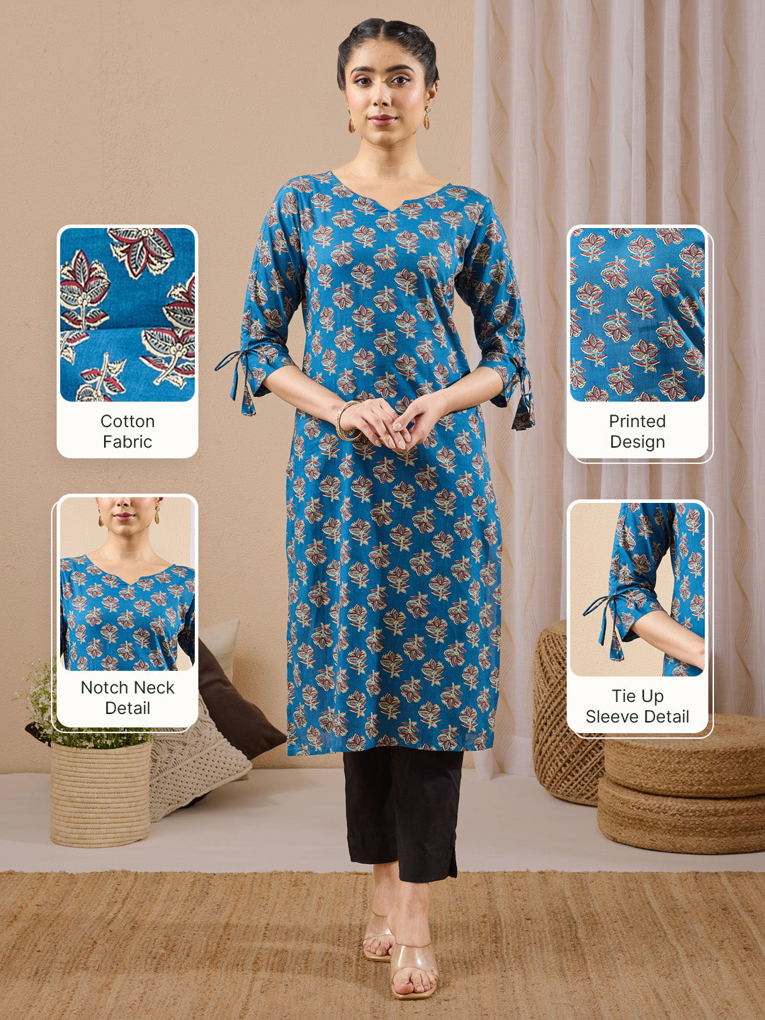 Janasya Women's Navy Blue Pure Cotton Floral Printed Straight Kurta