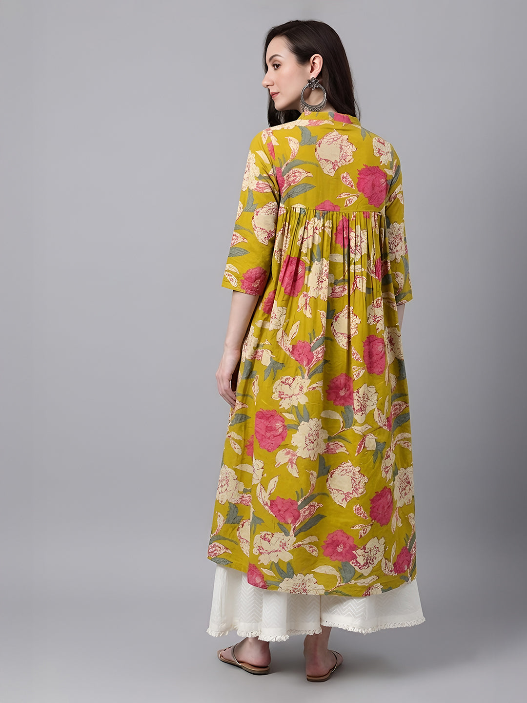 Janasya Women's Green Pure Cotton Floral Printed A-Line Top
