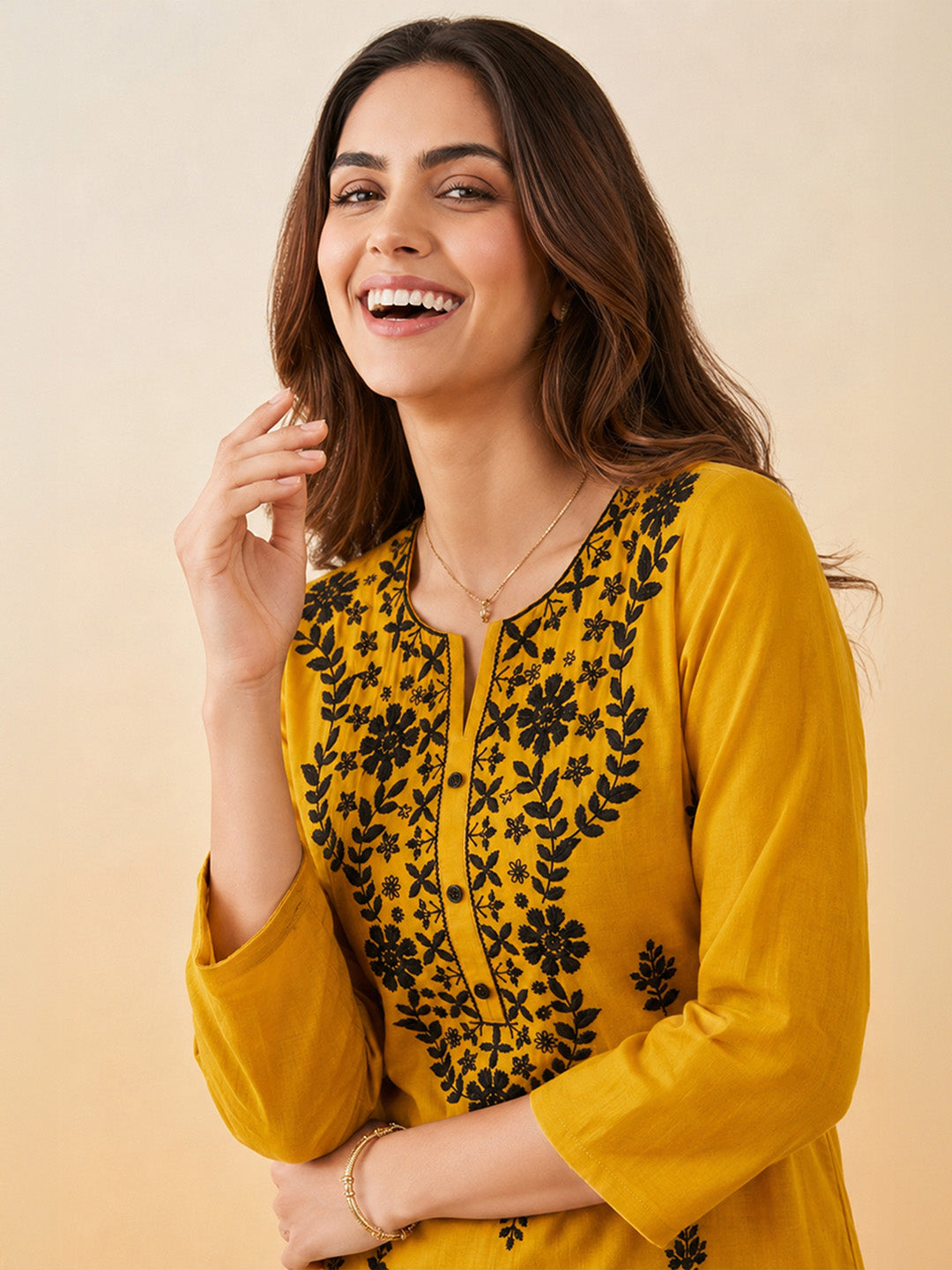 Janasya Women's Mustard Silk Blend Embroidered Straight Kurta