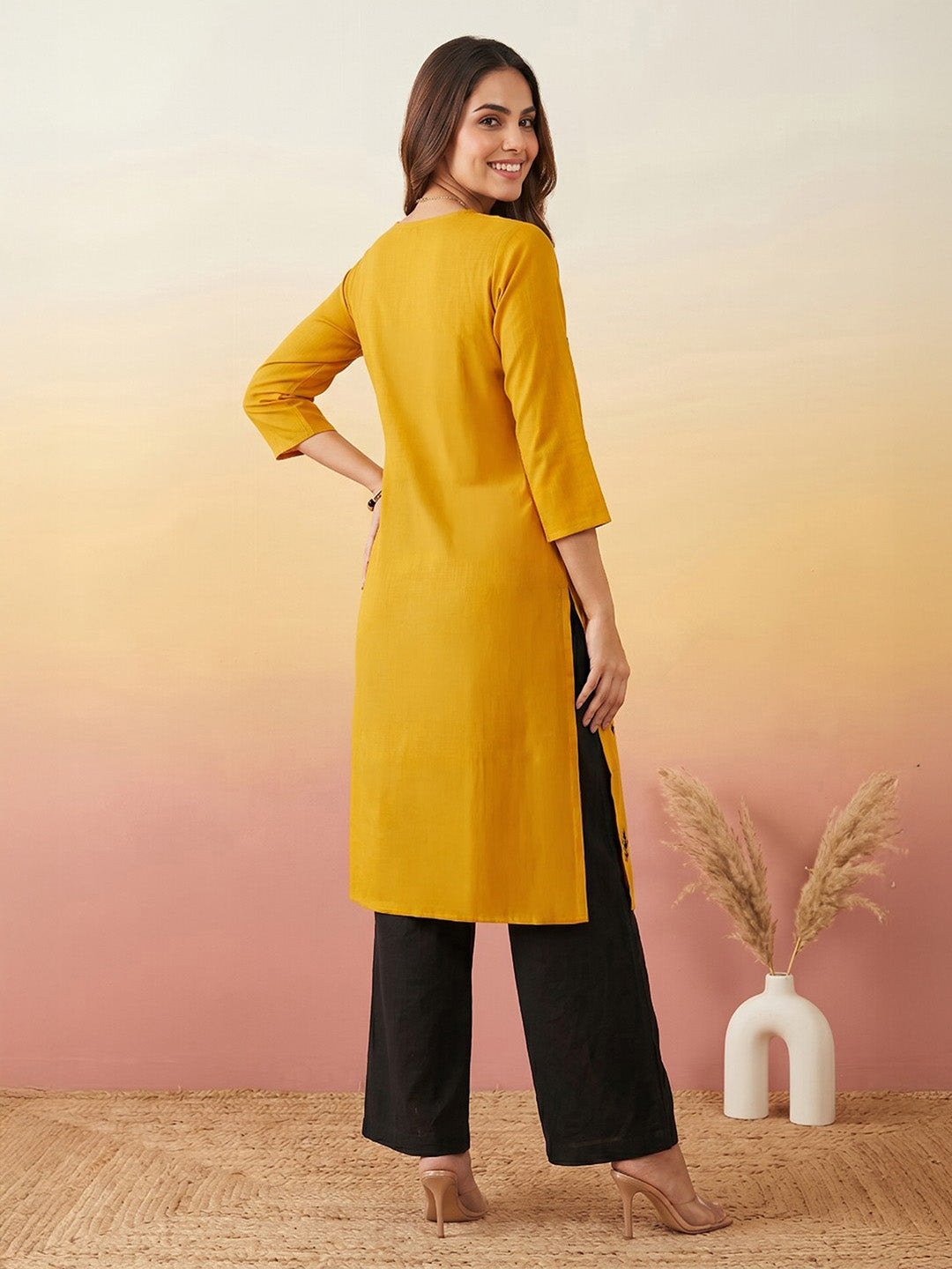 Janasya Women's Mustard Silk Blend Embroidered Straight Kurta