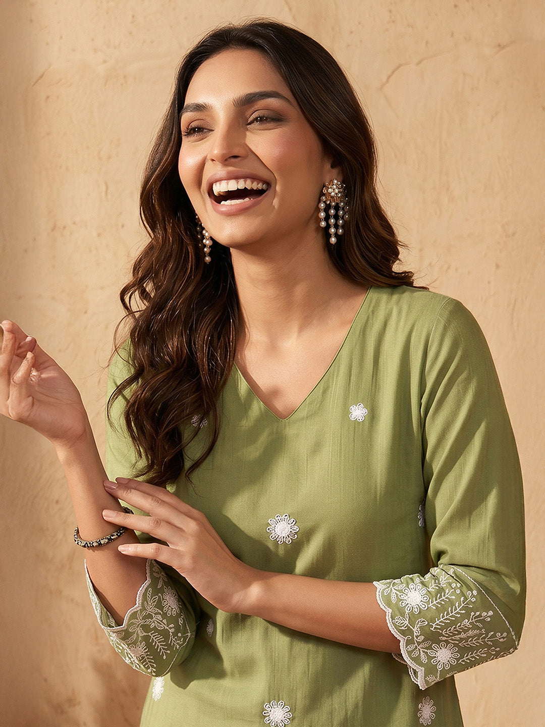 Janasya Women's Sage Green Silk Blend Embroidered Straight Kurta