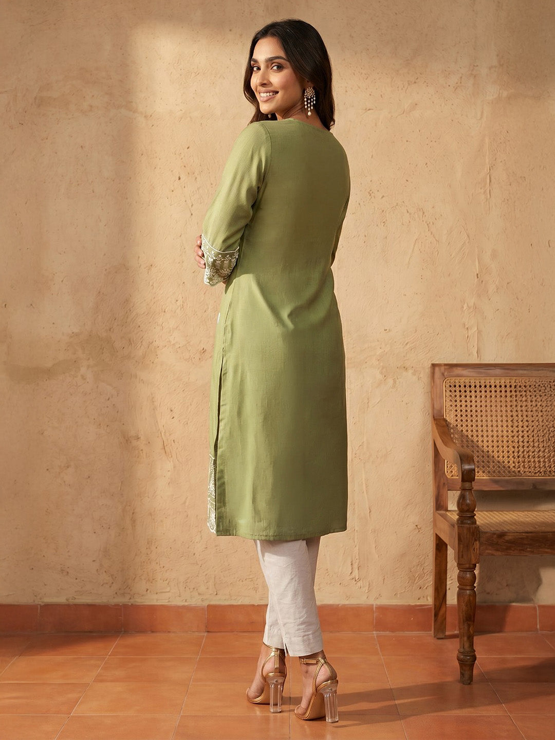Janasya Women's Sage Green Silk Blend Embroidered Straight Kurta