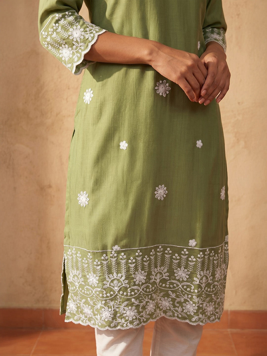 Janasya Women's Sage Green Silk Blend Embroidered Straight Kurta