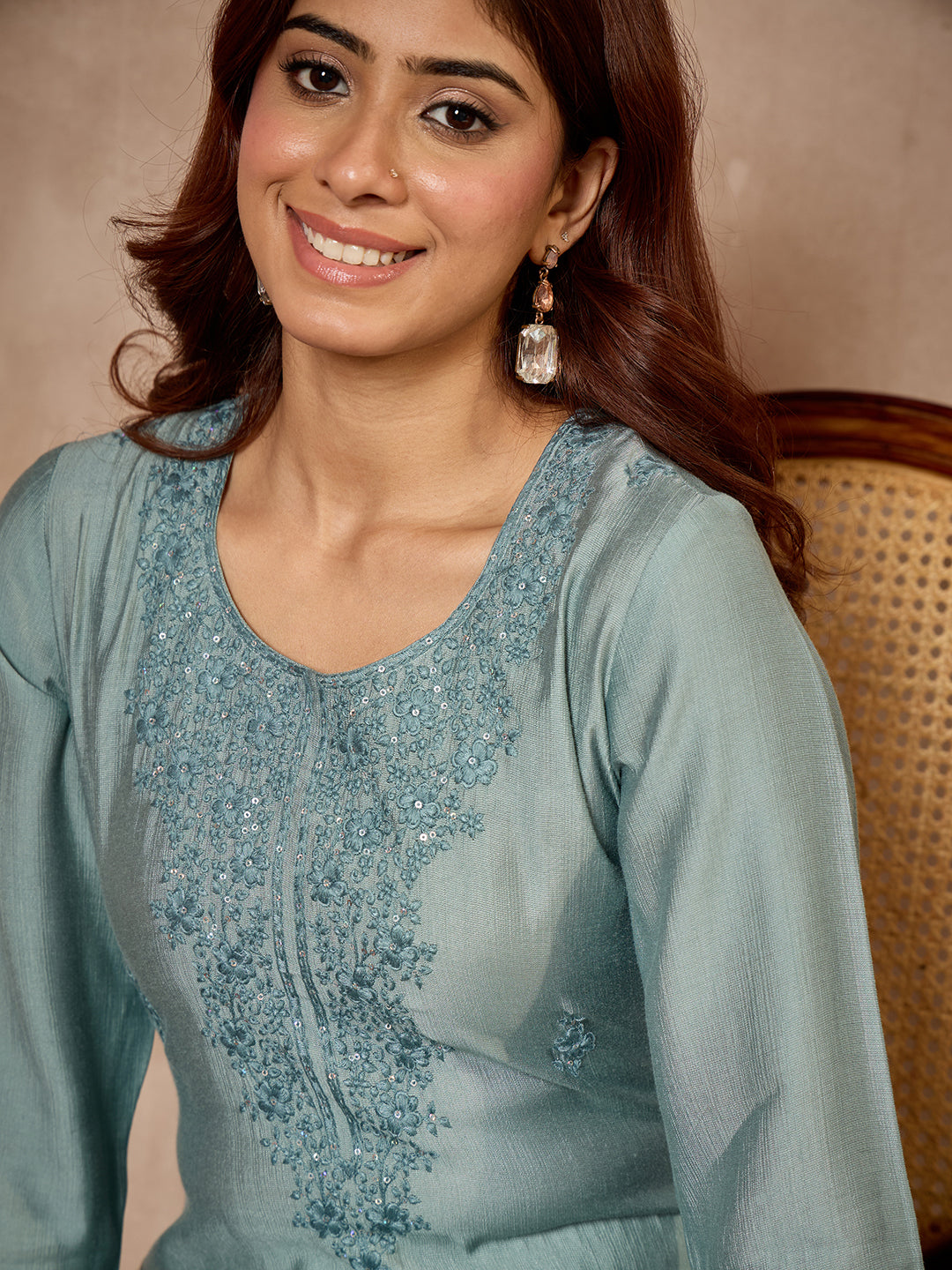 Janasya Women's Blue Silk Blend Embroidered Straight Kurta