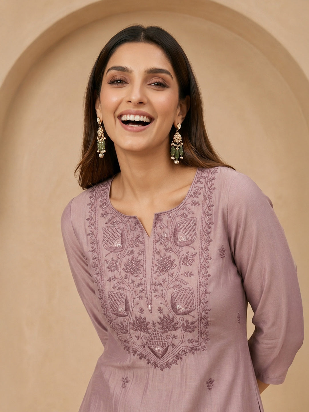 Janasya Women's Lavender Silk Blend Yoke Embroidered Straight Kurta