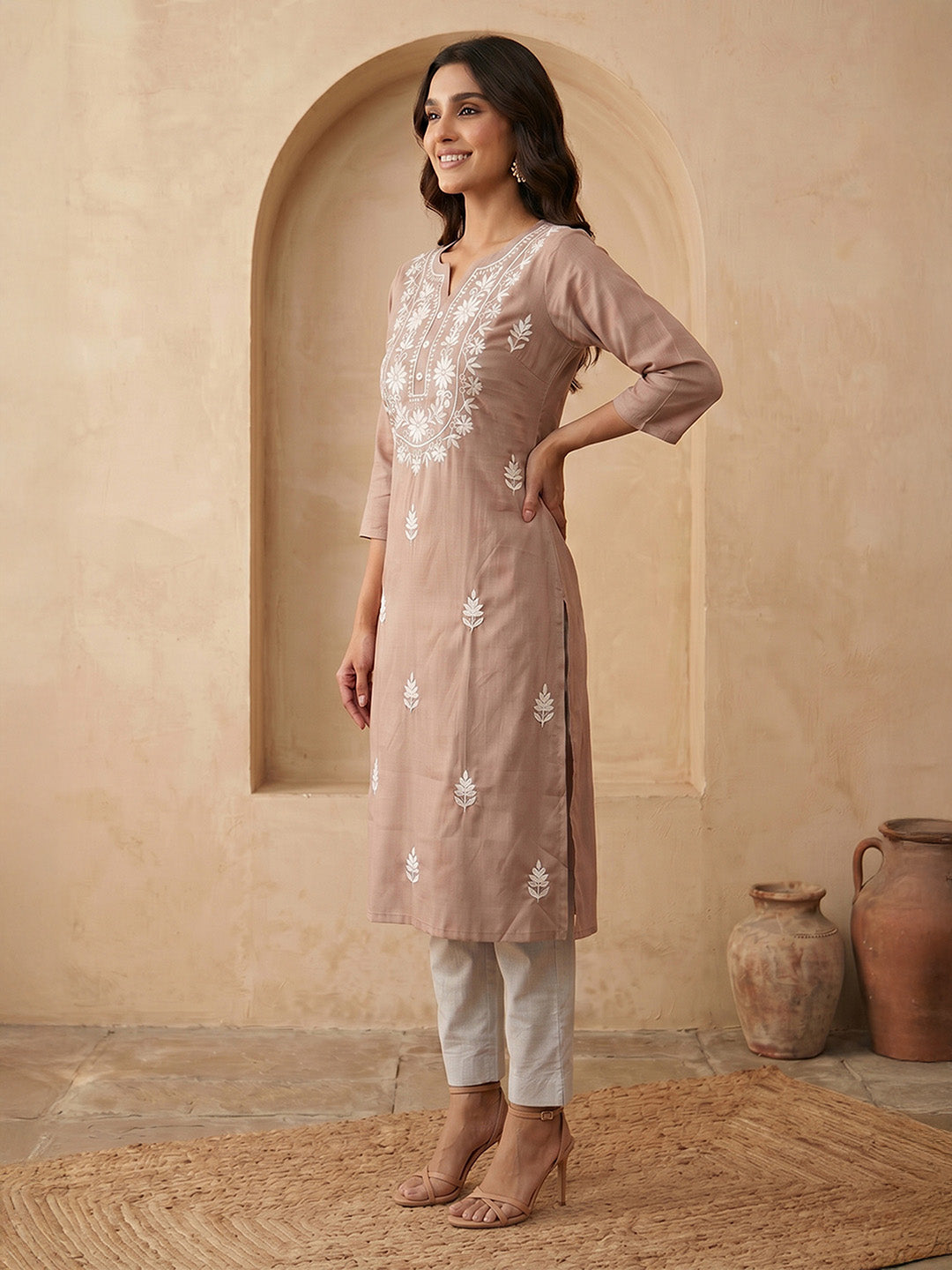 Janasya Women's Dusty Brown Silk Blend Embroidered Straight Kurta