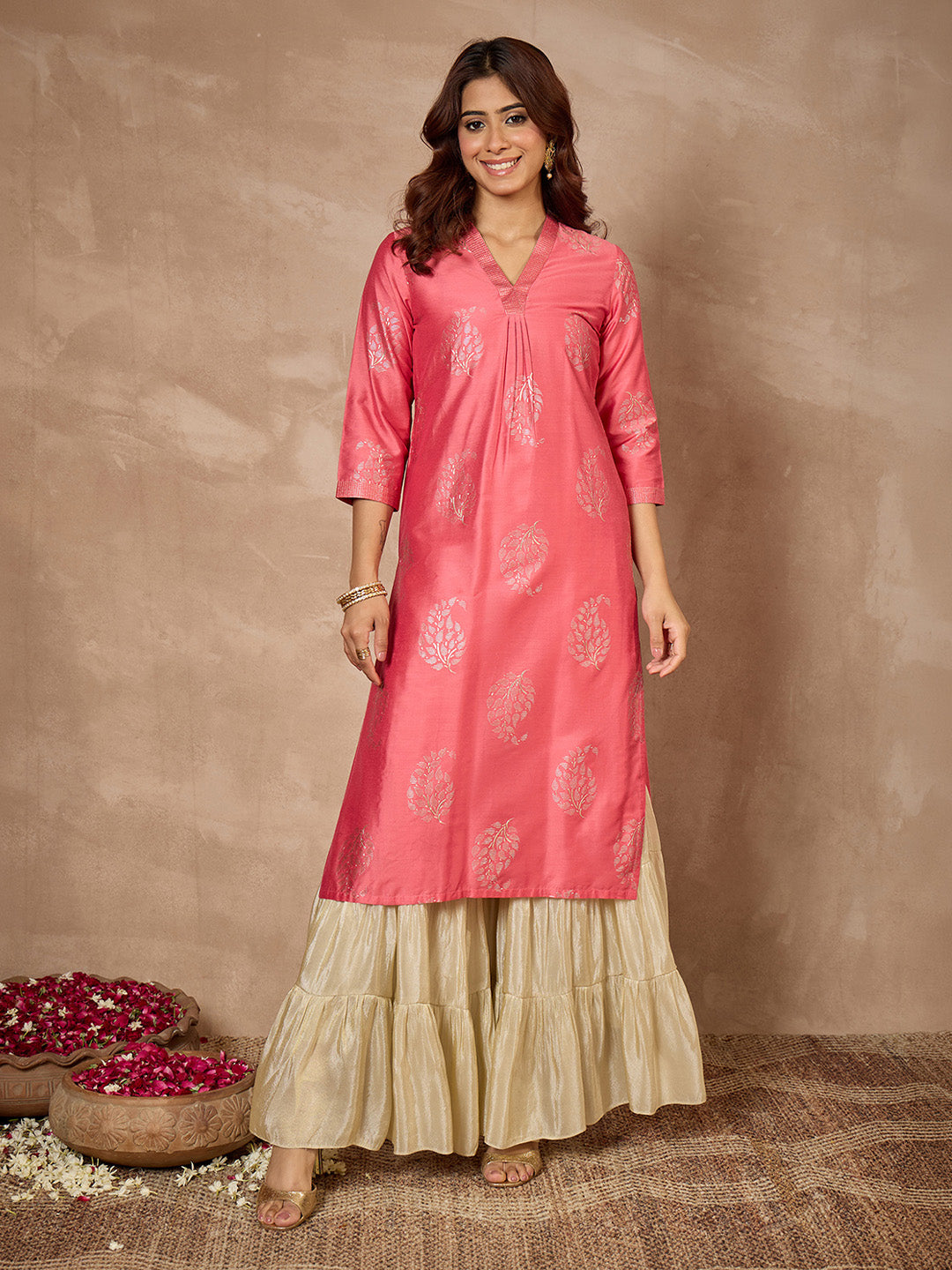 Janasya Women's Pink Silk Blend Leaf Foil Printed Straight Kurta