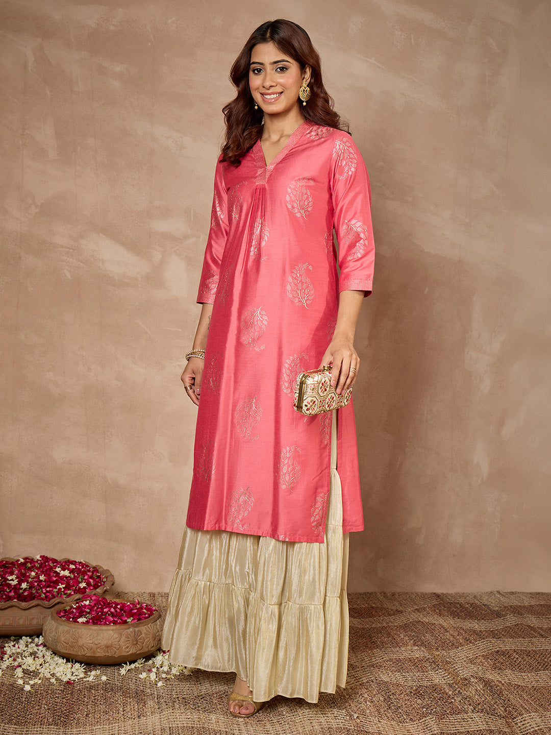 Janasya Women's Pink Silk Blend Leaf Foil Printed Straight Kurta