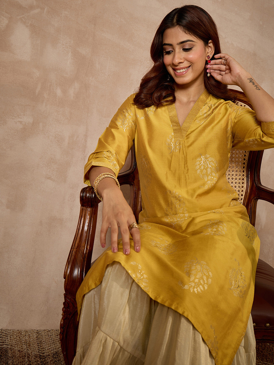 Janasya Women's Mustard Silk Blend Foil Printed Straight Kurta