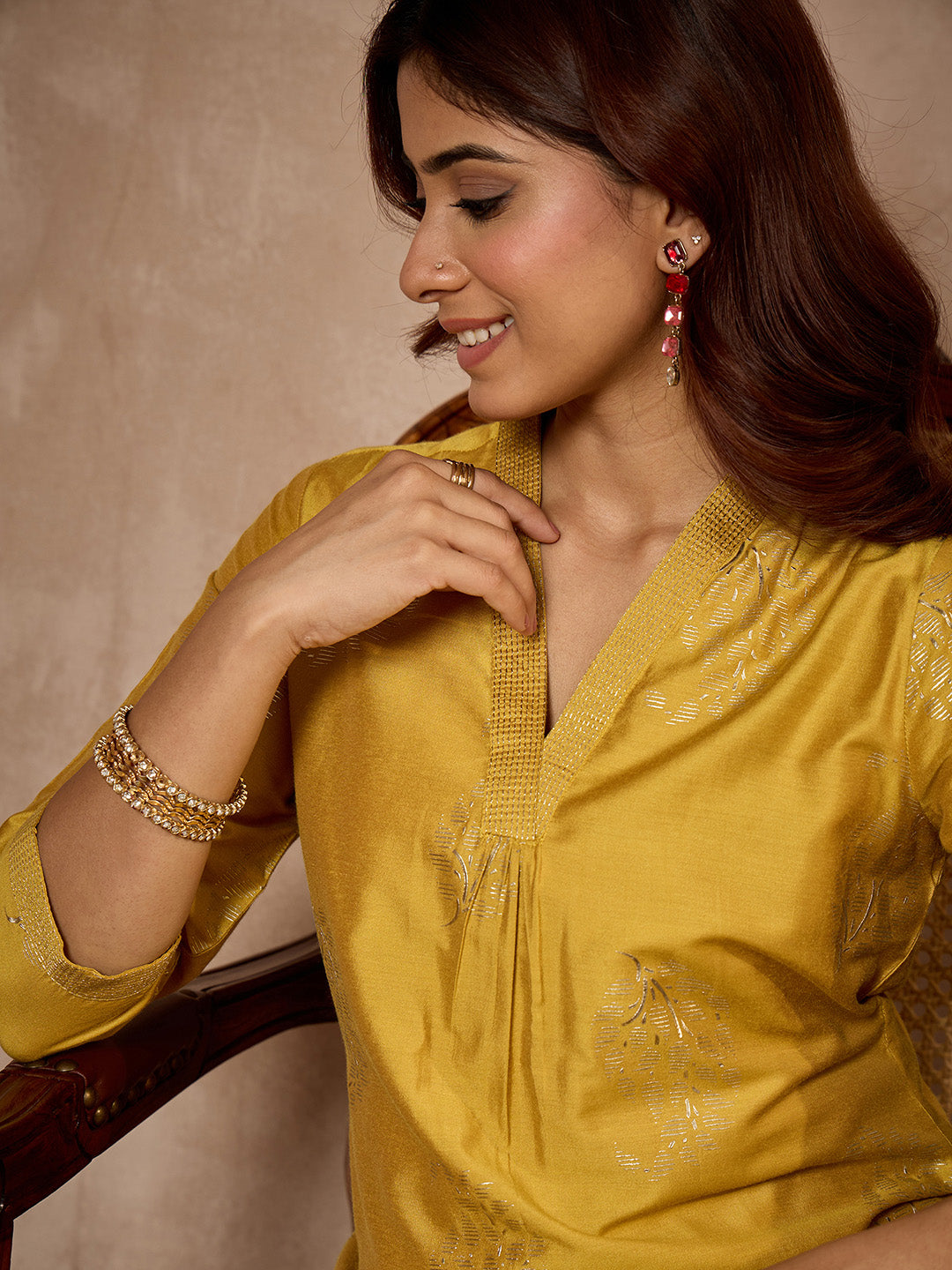 Janasya Women's Mustard Silk Blend Foil Printed Straight Kurta