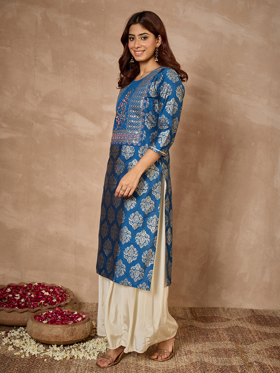 Janasya Women's Teal Blue Silk Blend Foil Printed Floral Embroidered Straight Kurta