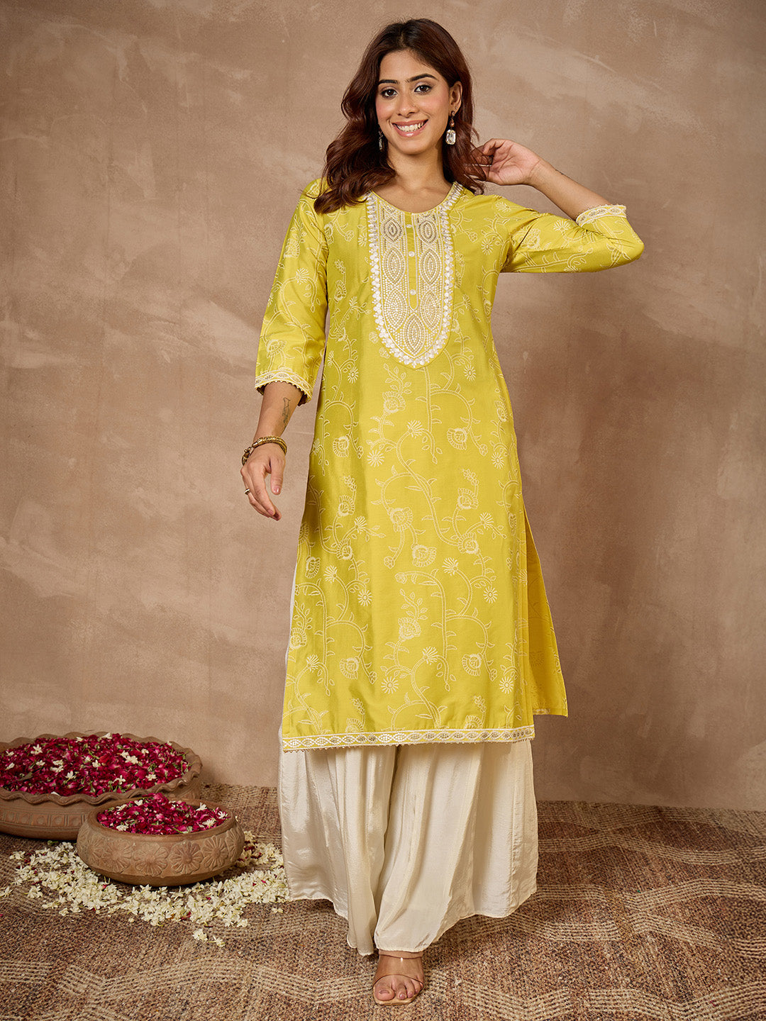 Janasya Women's Lime Silk Blend Yoke Embroidered Foil Printed Straight Kurta