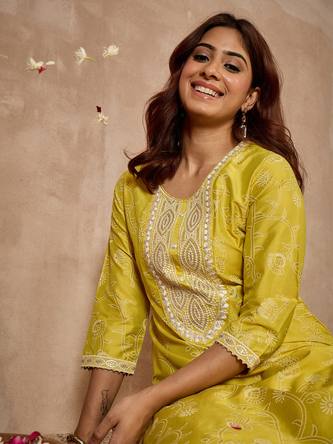 Janasya Women's Lime Silk Blend Yoke Embroidered Foil Printed Straight Kurta