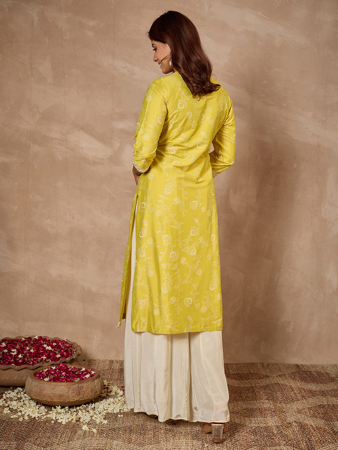 Janasya Women's Lime Silk Blend Yoke Embroidered Foil Printed Straight Kurta