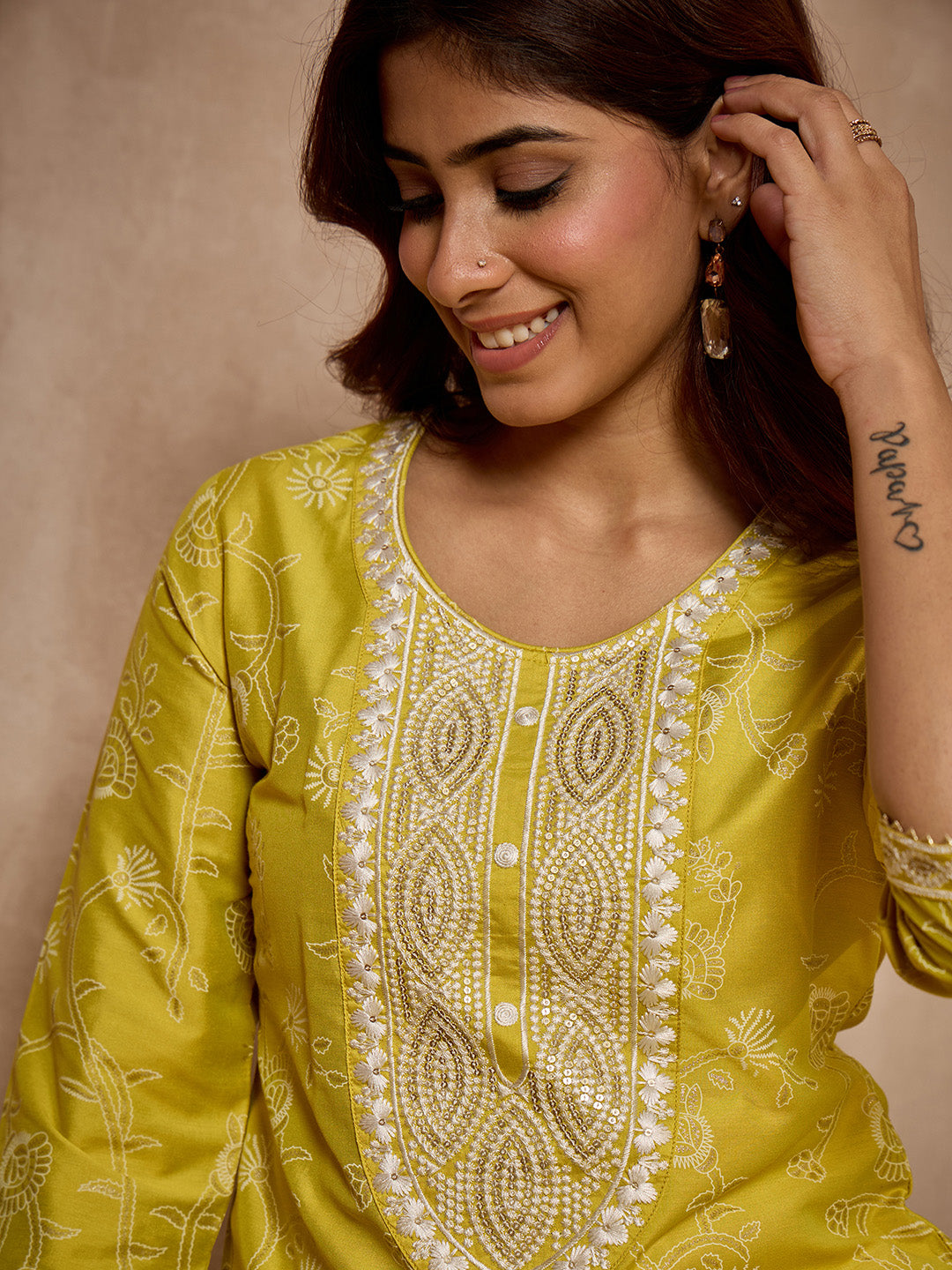Janasya Women's Lime Silk Blend Yoke Embroidered Foil Printed Straight Kurta
