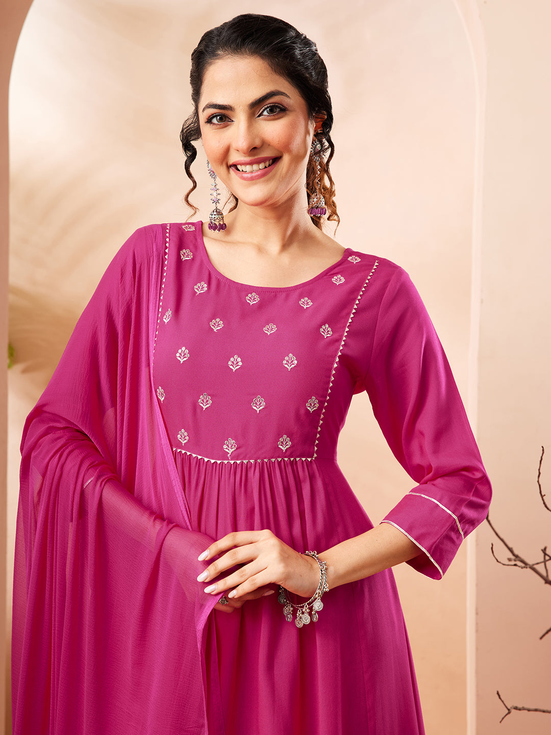 Janasya Women's Pink Rayon Yoke Embroidered A-line Kurta Set