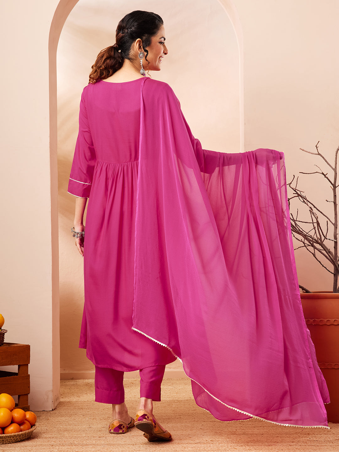 Janasya Women's Pink Rayon Yoke Embroidered A-line Kurta Set