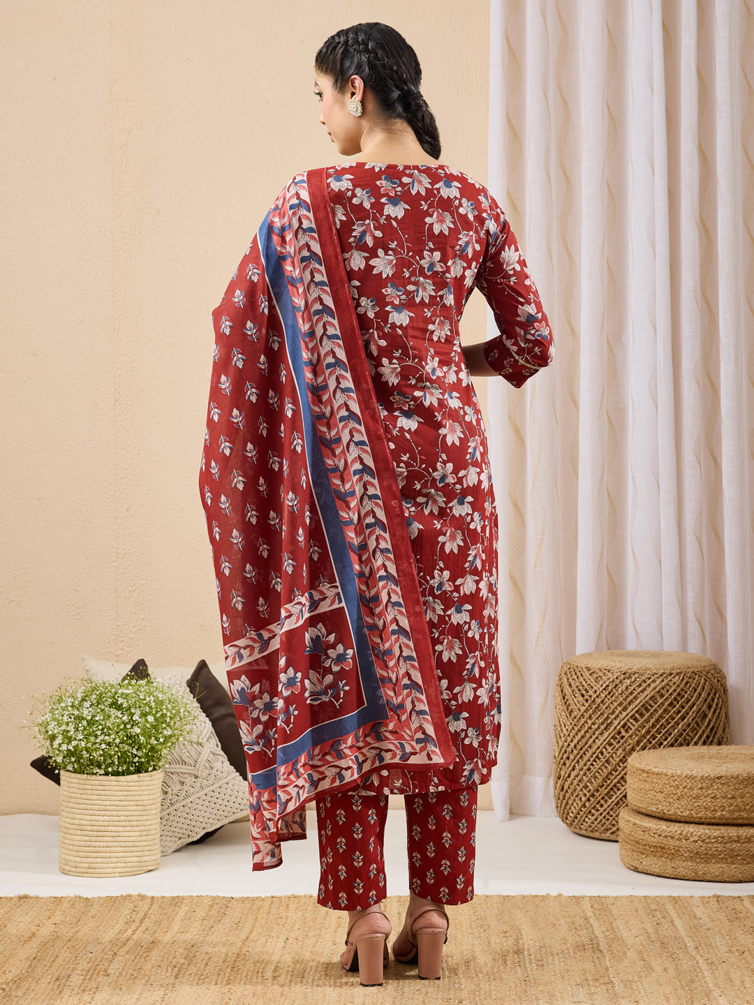 Janasya Women's Maroon Pure Cotton Floral Printed Straight Kurta Set