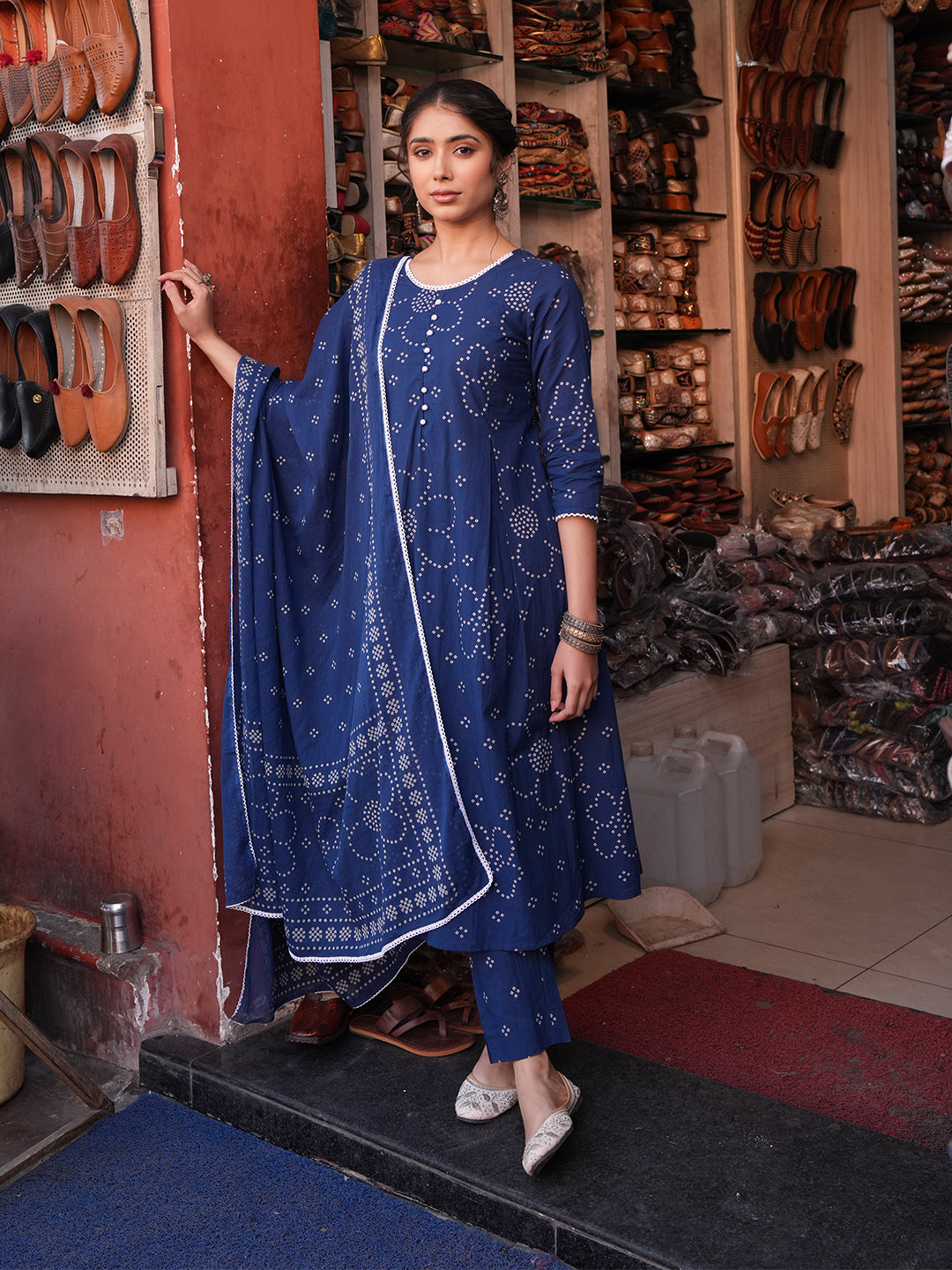 Janasya Women's Blue Pure Cotton Bandhani Printed A-line Kurta Set