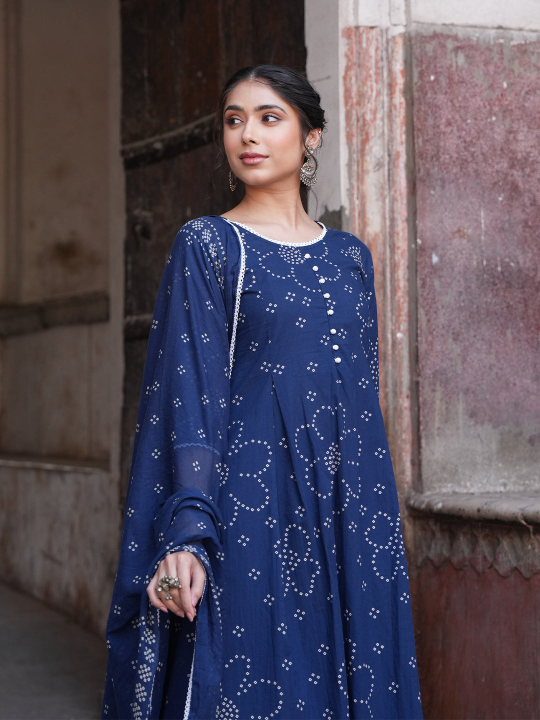 Janasya Women's Blue Pure Cotton Bandhani Printed A-line Kurta Set