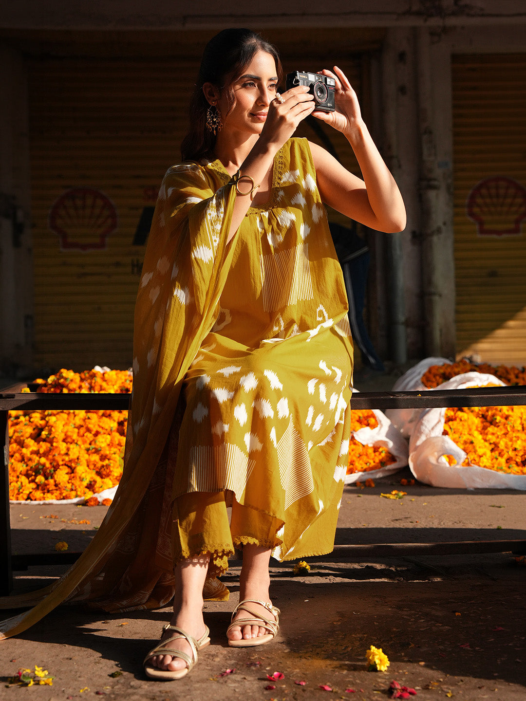 Janasya Women's Mustard Pure Cotton Ikat Printed A-line Kurta Set