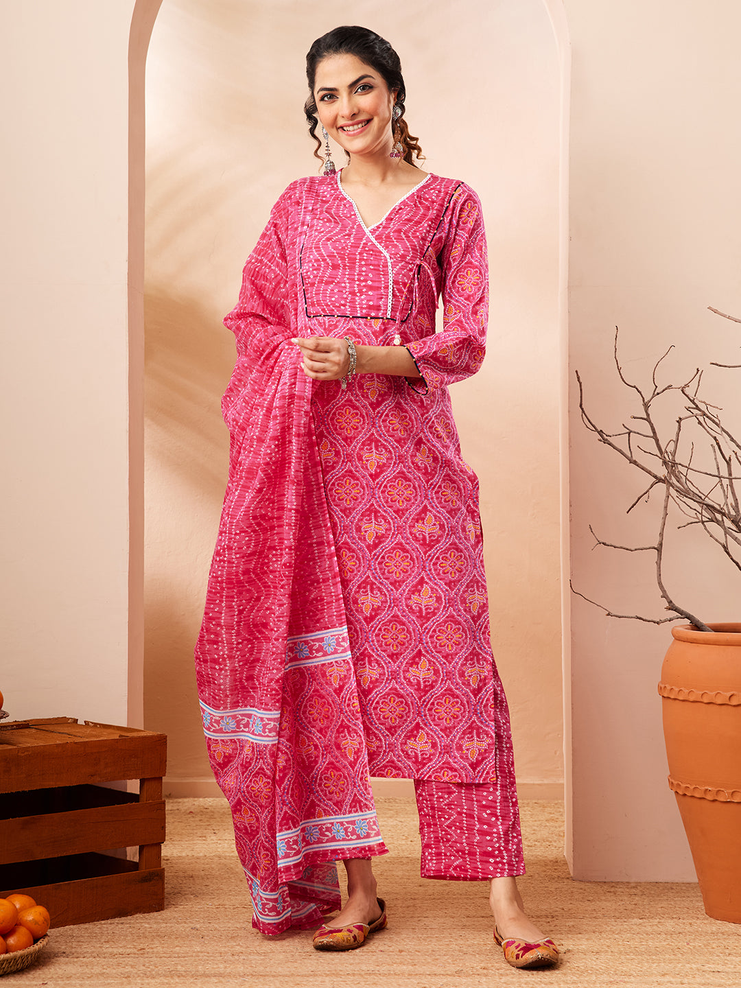 Janasya Women's Pink Pure Cotton Bandhani Printed Kurta Set