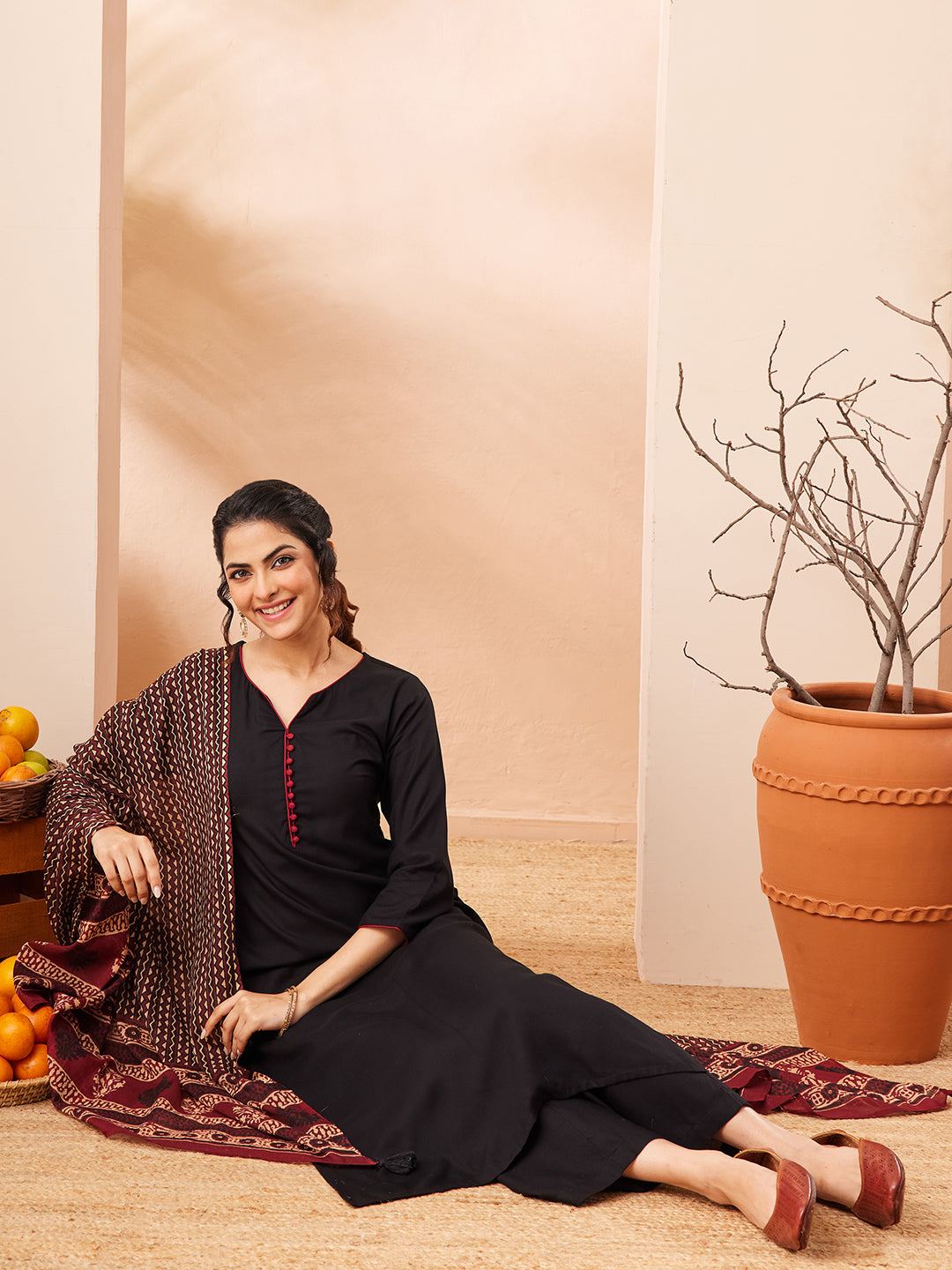 Janasya Women's Black Rayon Solid Straight Kurta Set With Printed Dupatta