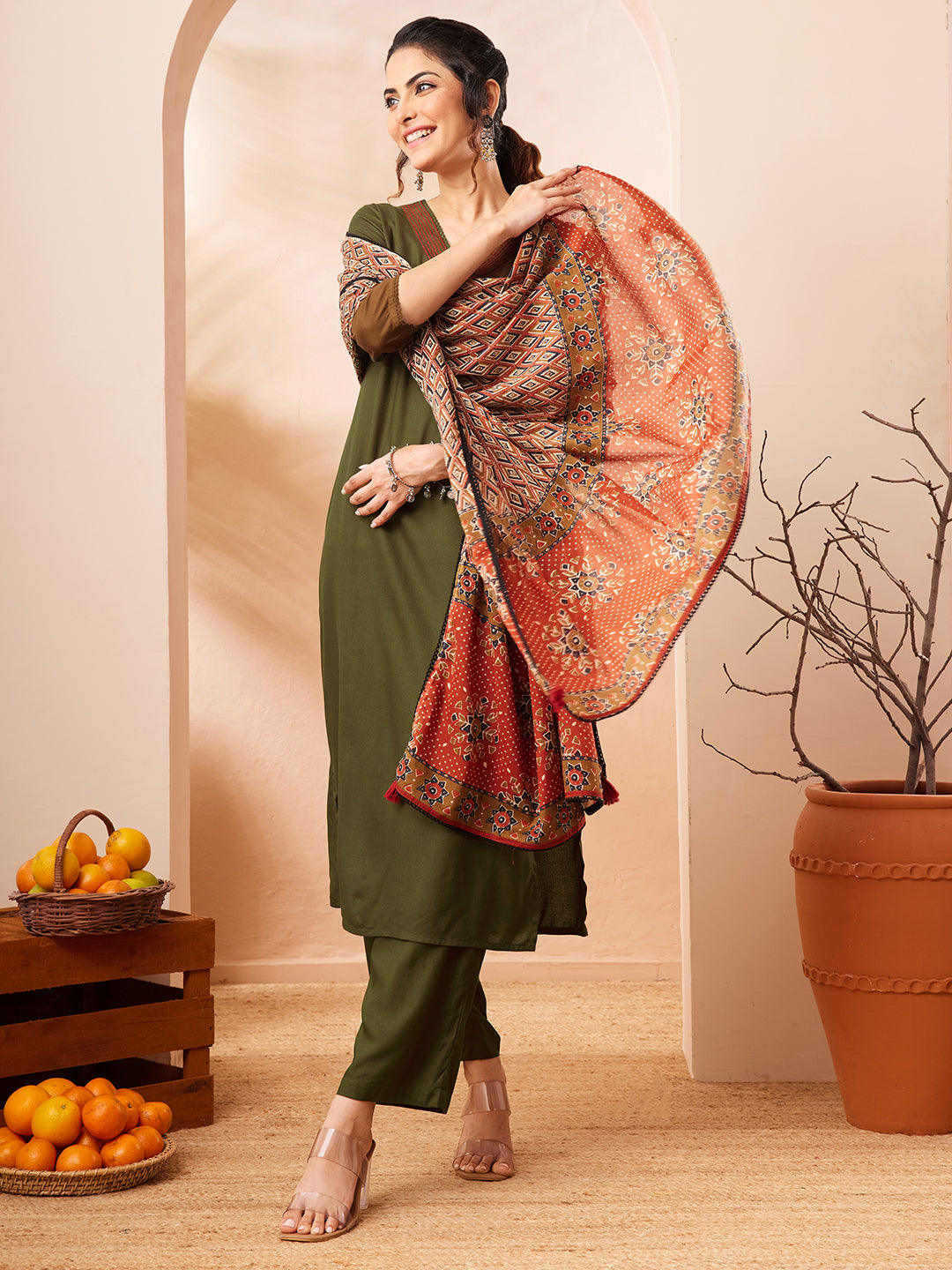 Janasya Women's Olive Green Rayon Slub Straight Kurta Set With Printed Dupatta