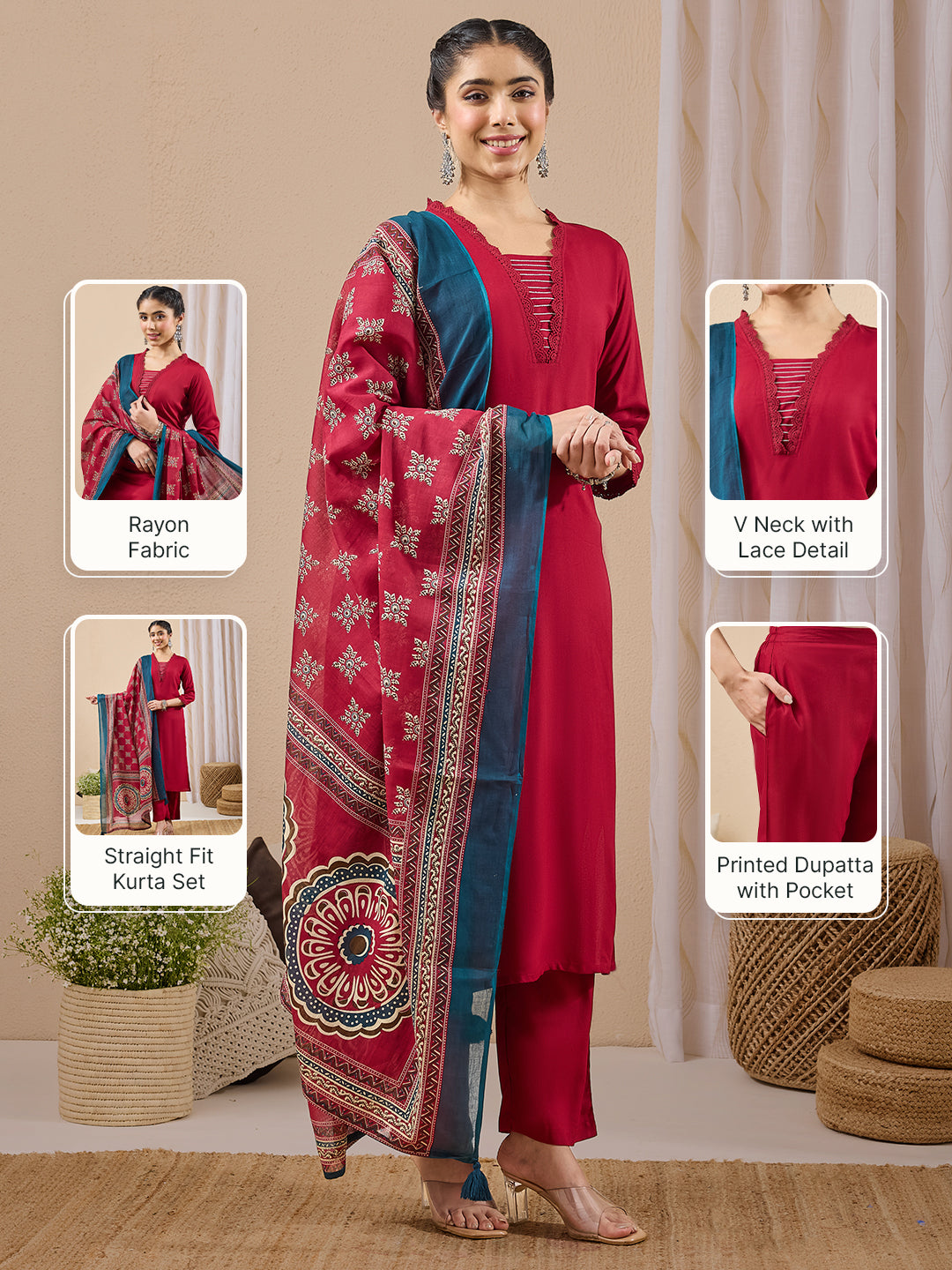 Janasya Women's Maroon Rayon Yoke Design Straight Kurta Set With Printed Dupatta