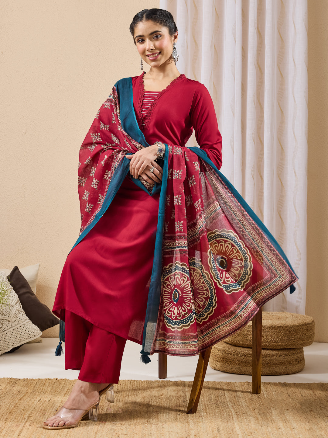 Janasya Women's Maroon Rayon Yoke Design Straight Kurta Set With Printed Dupatta