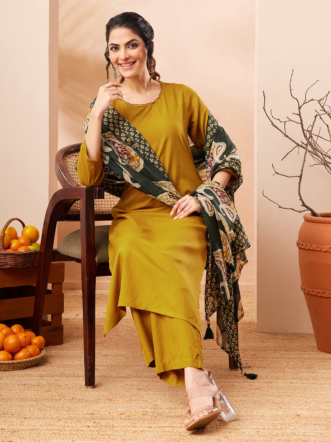 Janasya Women's Mustard Rayon Solid Straight Kurta Set