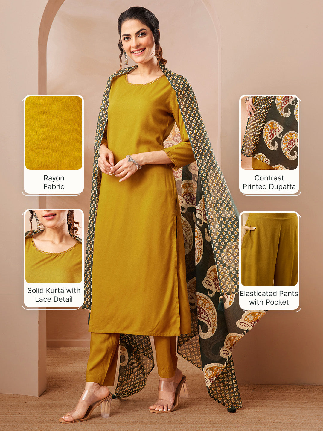 Janasya Women's Mustard Rayon Solid Straight Kurta Set