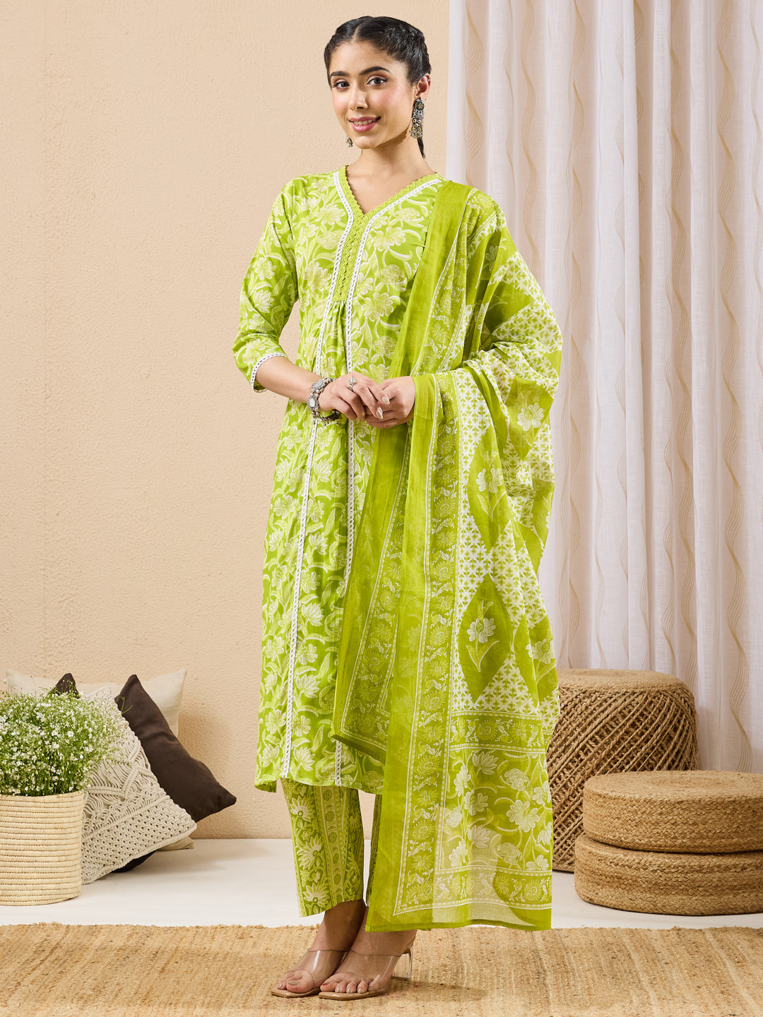 Janasya Women's Lime Green Pure Cotton Floral Printed Straight Kurta Set