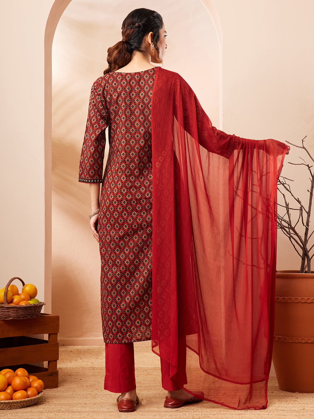 Janasya Women's Rust Pure Cotton Ethnic Motifs Printed Straight Kurta Set