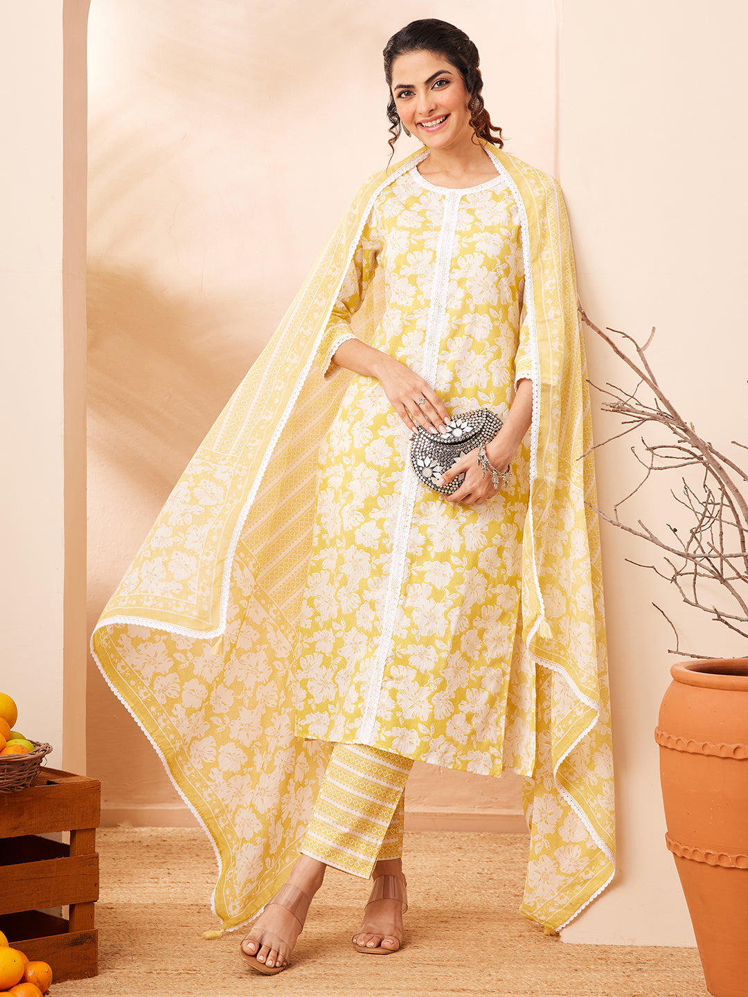 Janasya Women's Yellow Pure Cotton Floral Printed Straight Kurta Set