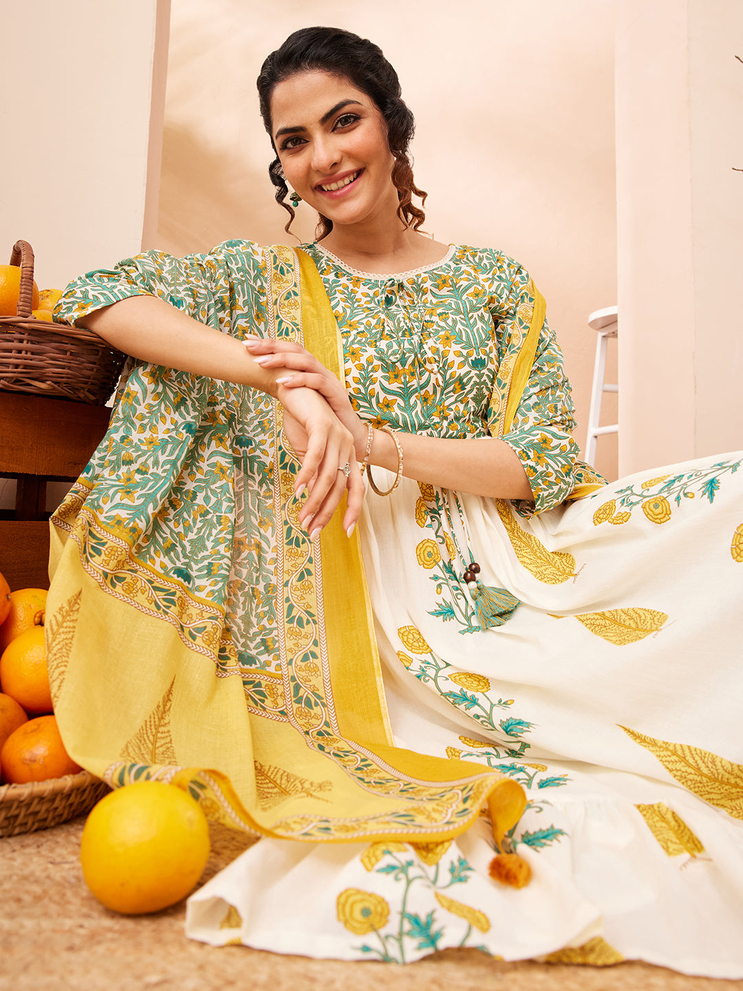 Janasya Women's Off White Pure Cotton Floral Printed Flared A-line Kurta Set