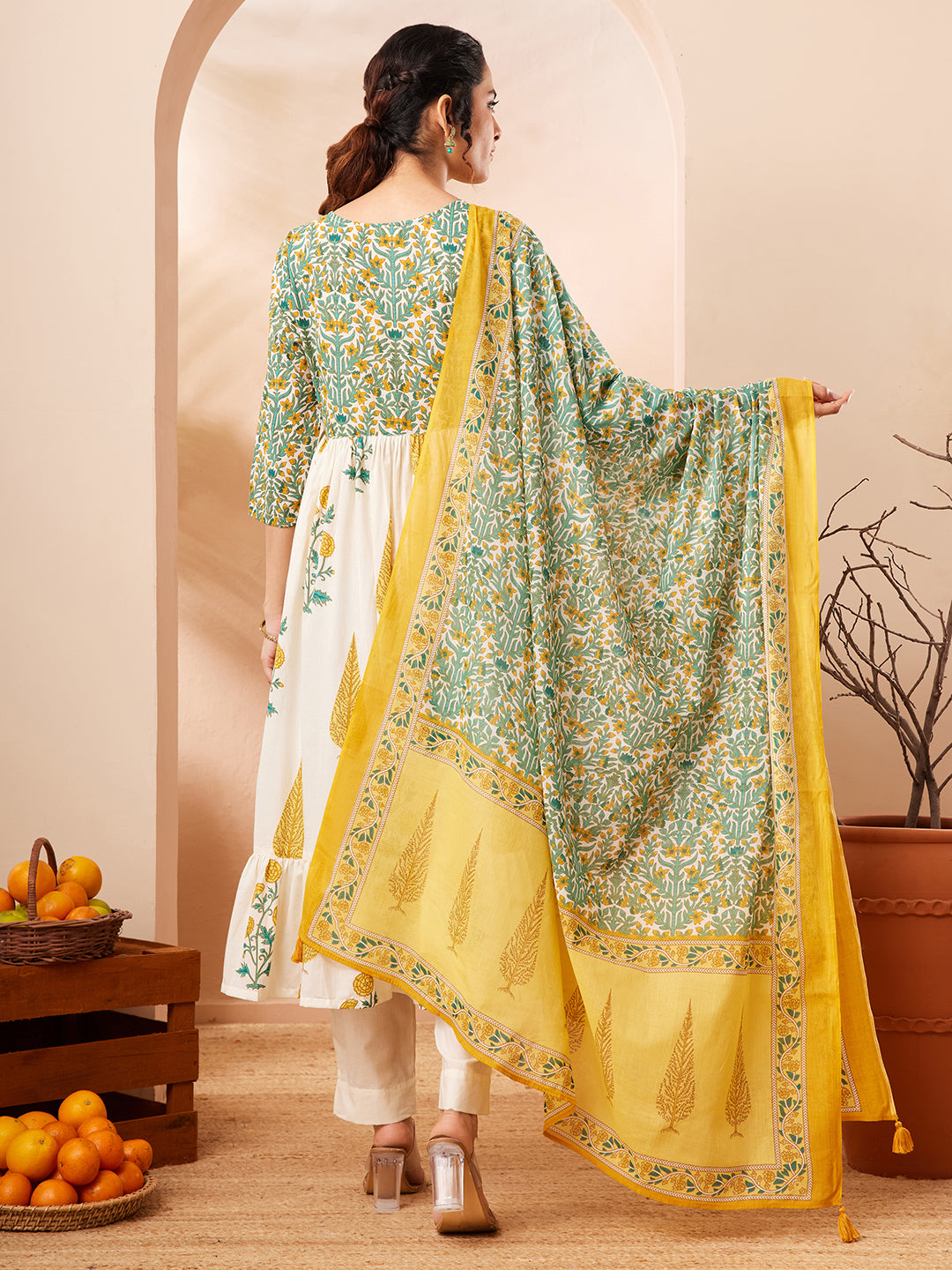 Janasya Women's Off White Pure Cotton Floral Printed Flared A-line Kurta Set