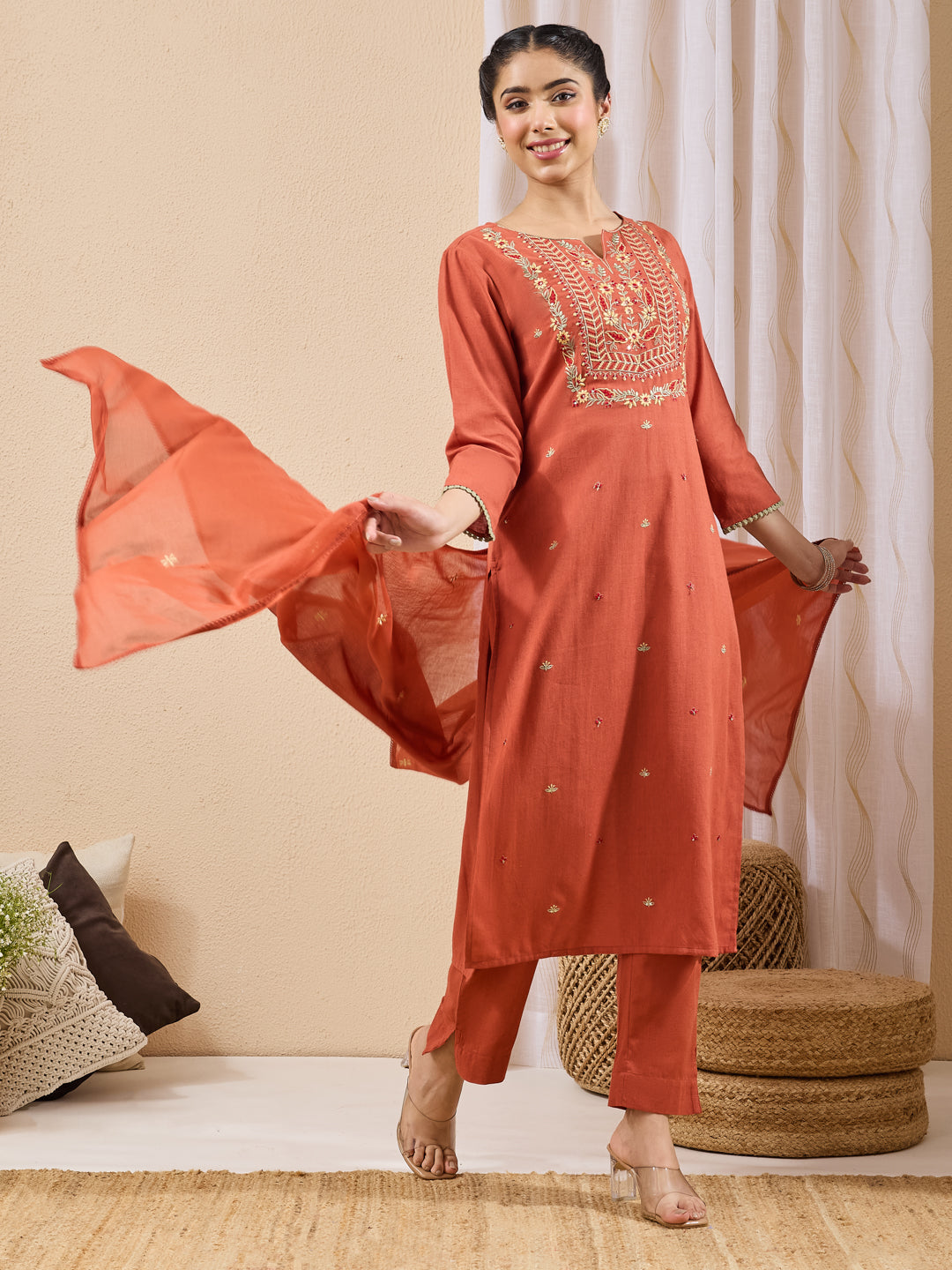 Janasya Women's Rust Linen Cotton Embroidered Straight Kurta Set