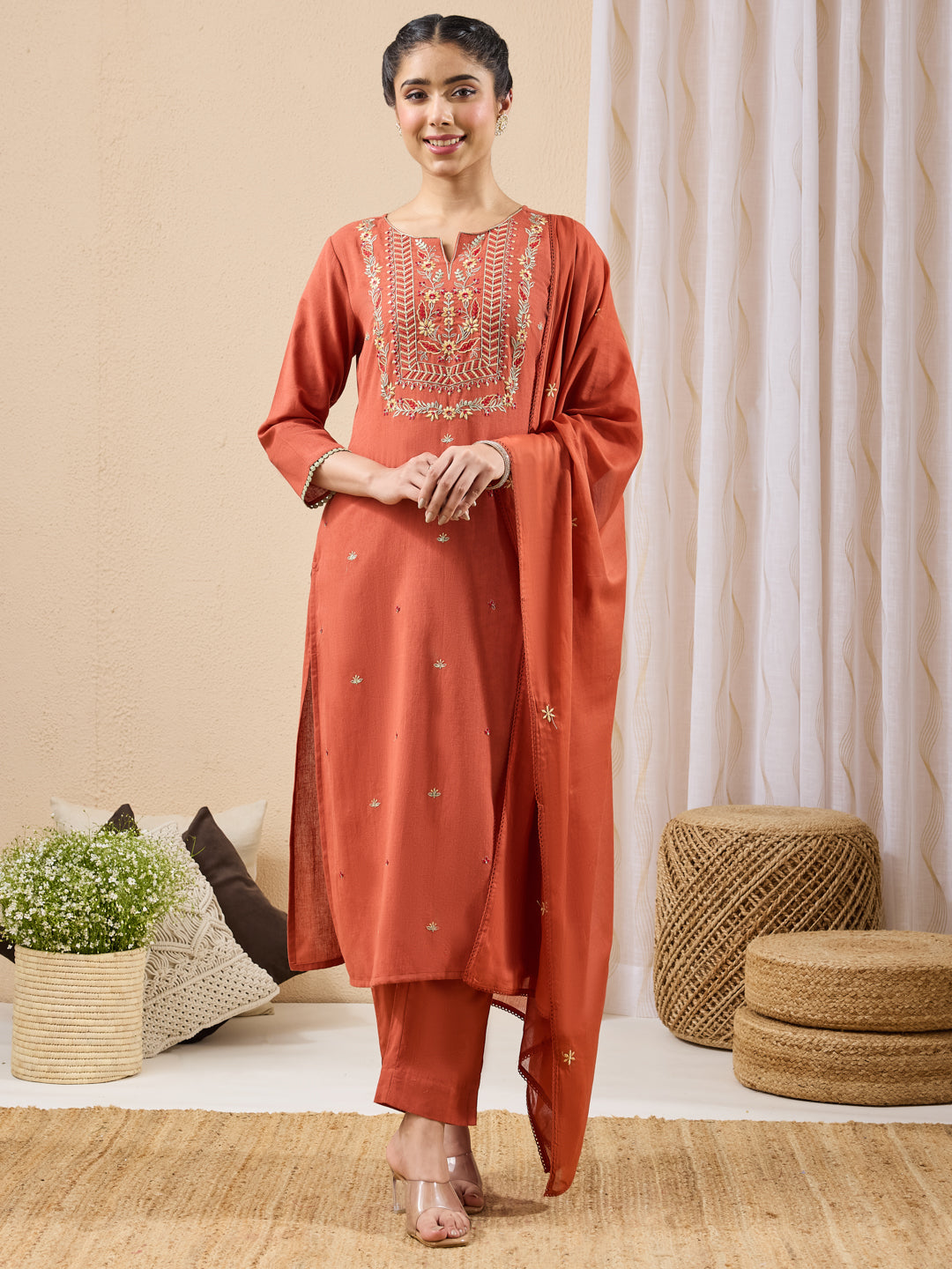 Janasya Women's Rust Linen Cotton Embroidered Straight Kurta Set