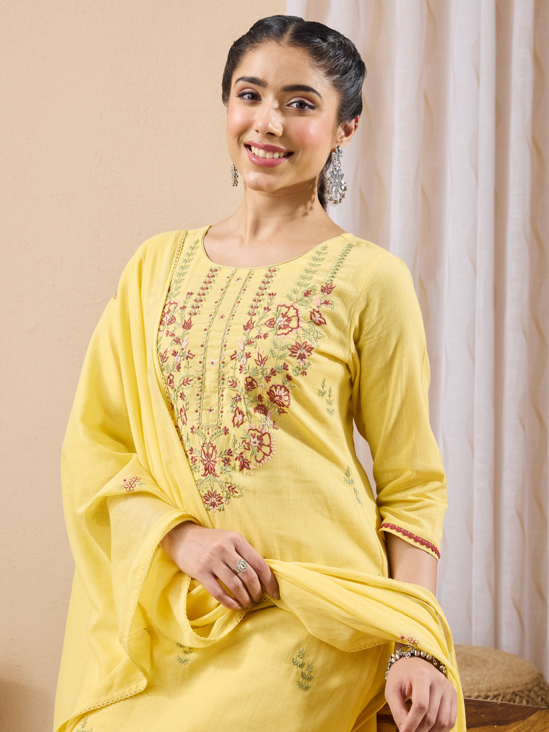 Janasya Women's Yellow Linen Cotton Embroidered Straight Kurta Set