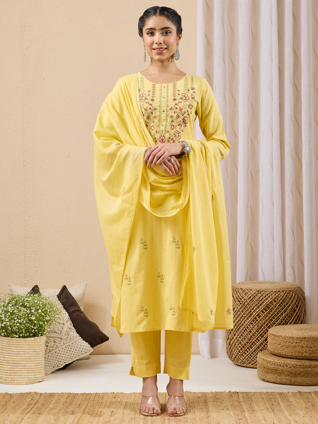 Janasya Women's Yellow Linen Cotton Embroidered Straight Kurta Set