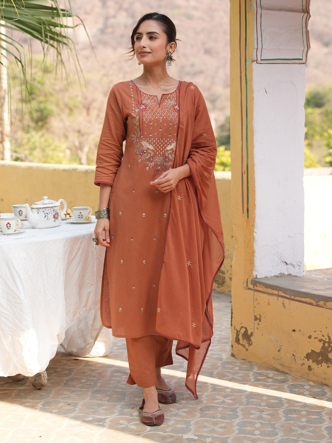 Janasya Women's Rust Linen Cotton Embroidered Straight Kurta Set
