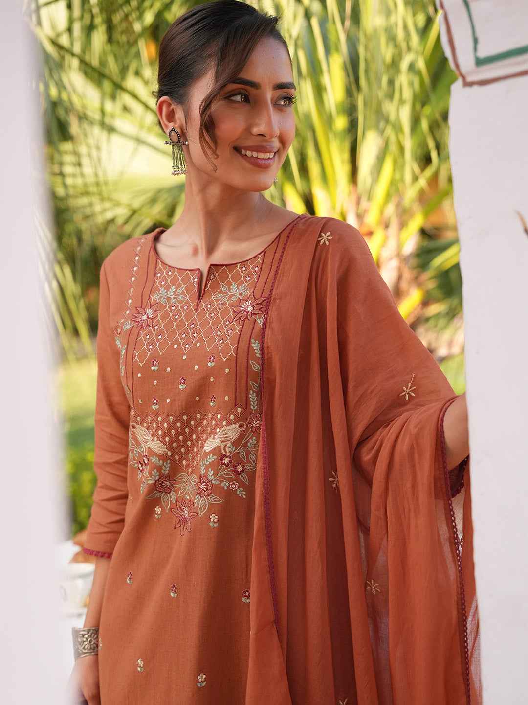 Janasya Women's Rust Linen Cotton Embroidered Straight Kurta Set