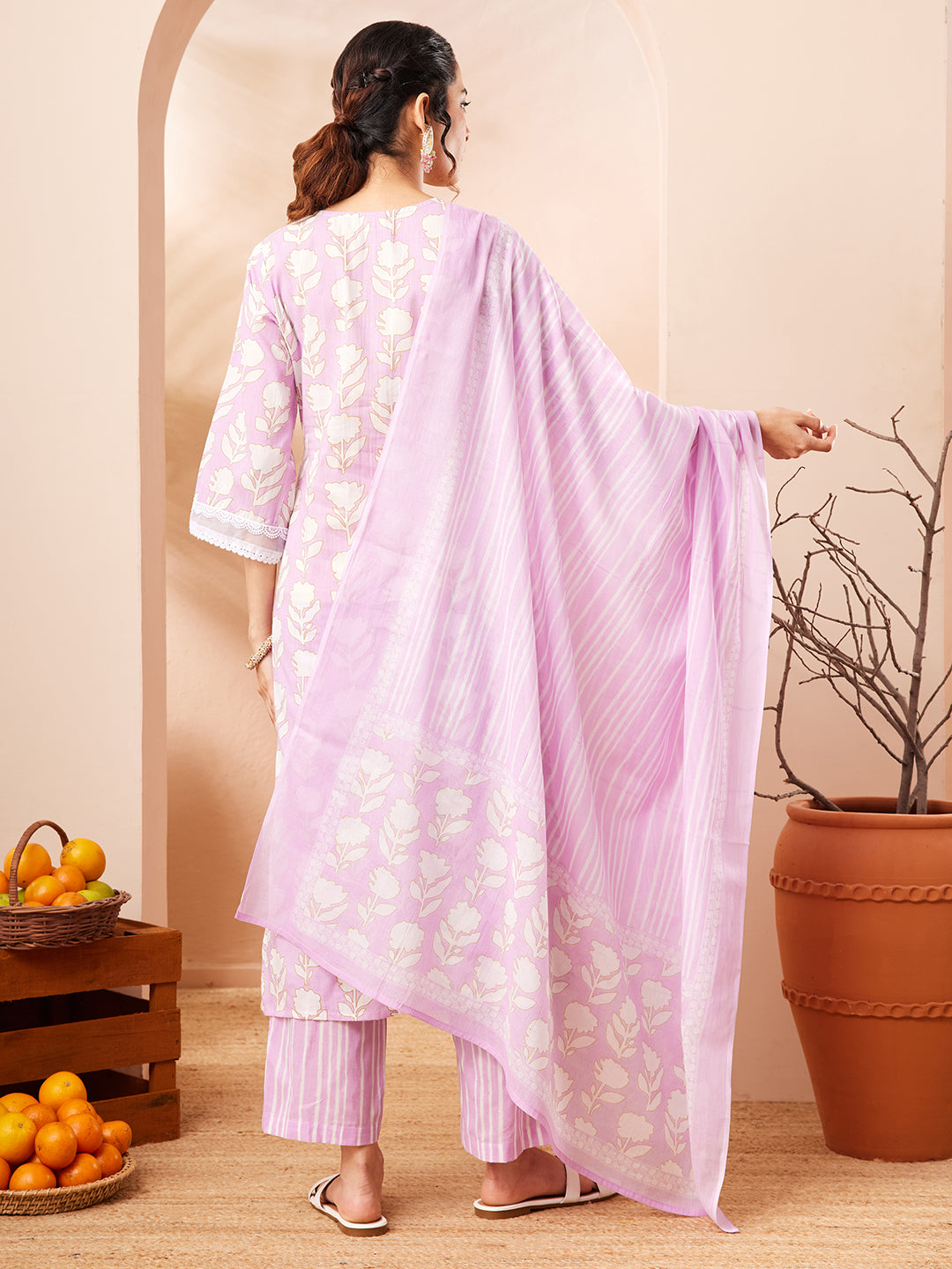 Janasya Women's Lavender Pure Cotton Floral Printed Straight Kurta Set