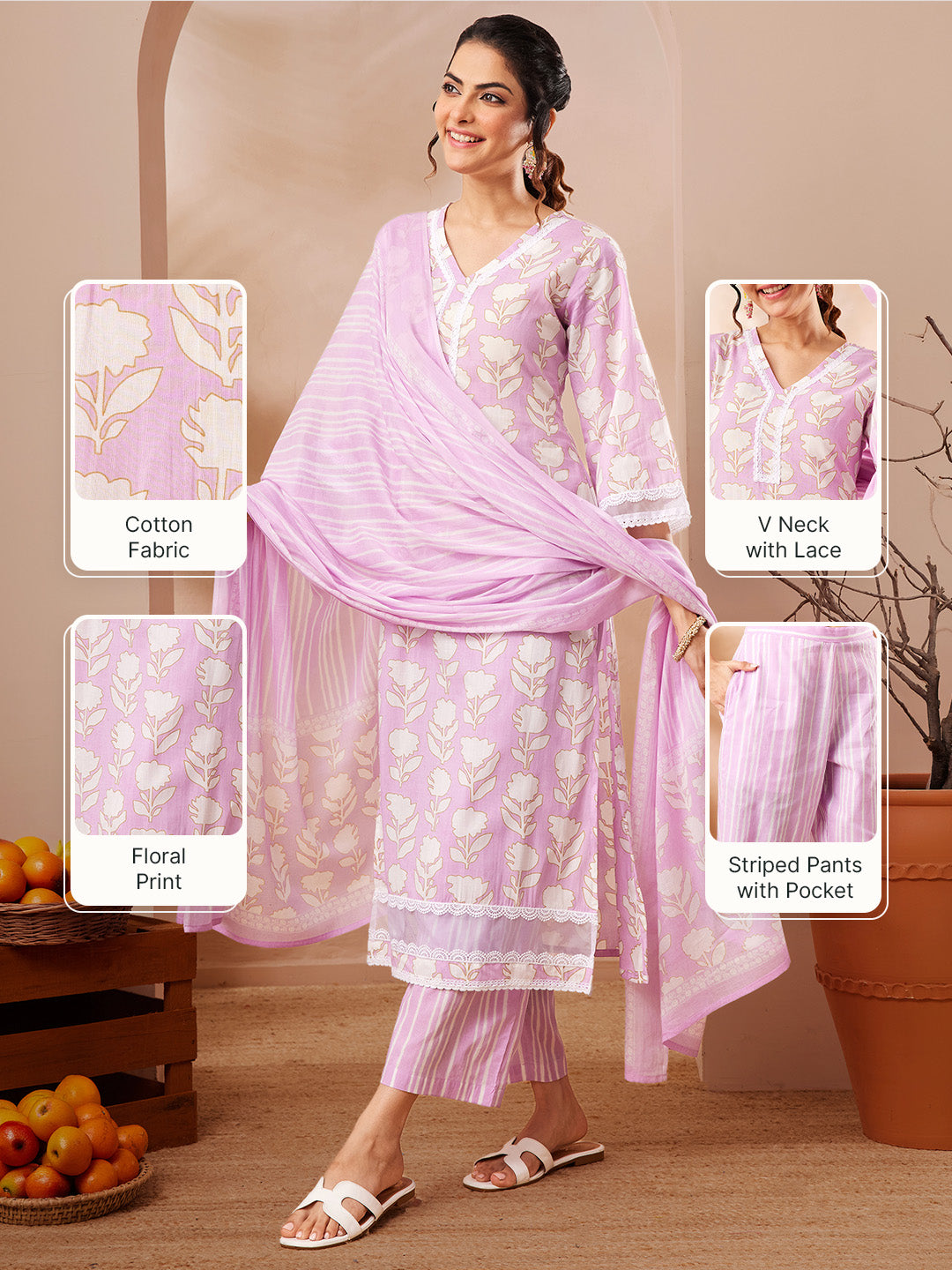 Janasya Women's Lavender Pure Cotton Floral Printed Straight Kurta Set