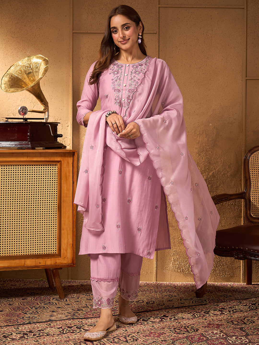 Janasya Women's Lavender Chanderi Silk Floral Embroidered Straight Kurta Set