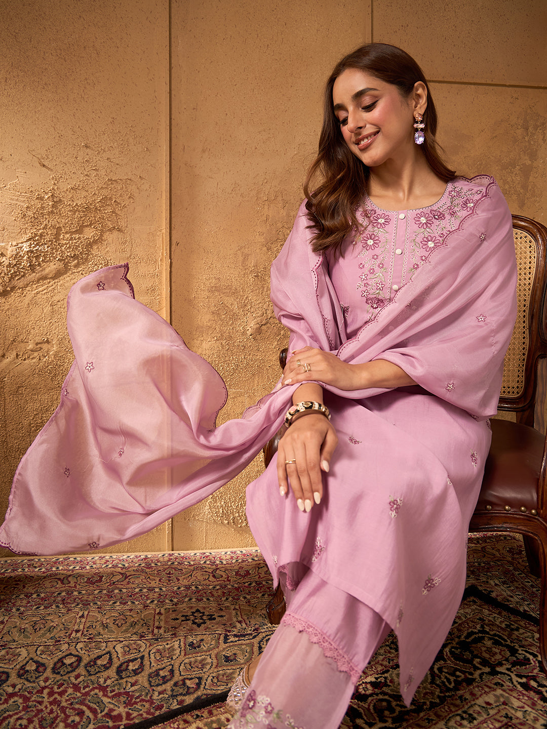Janasya Women's Lavender Chanderi Silk Floral Embroidered Straight Kurta Set
