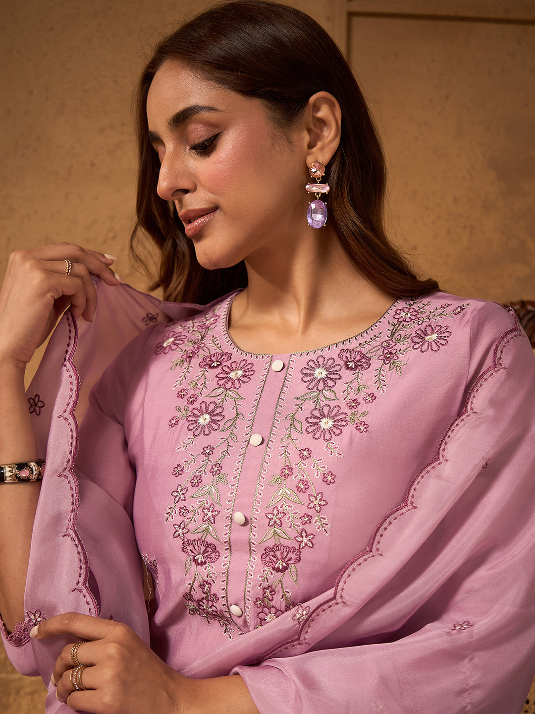 Janasya Women's Lavender Chanderi Silk Floral Embroidered Straight Kurta Set